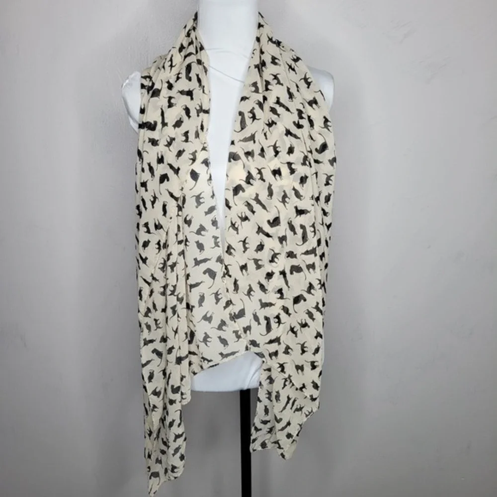 Cat Print Sheer‎ Scarf Cream Black Lightweight crazy cat lady Shawl
